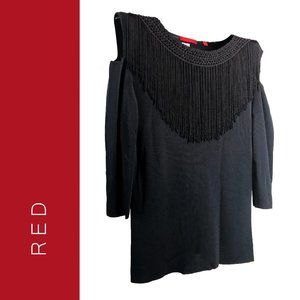 RED Black fringe formal top XL bare shoulders with sleeves, party shirt fringe